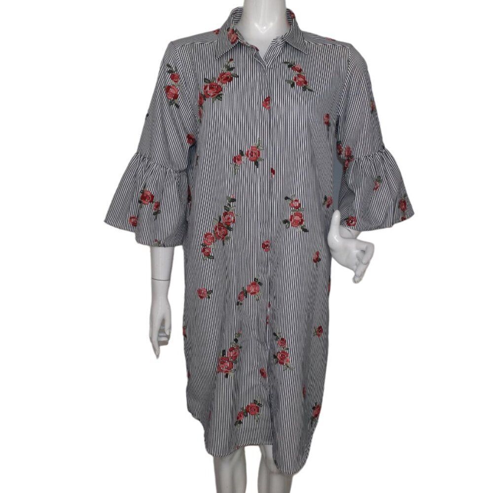 CALVIN KLEIN Shirt Dress, 12, Stripe, Embroidered Floral, Black/White, Bell cuff